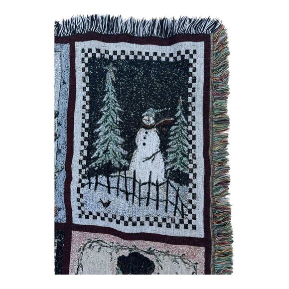 Snowman Winter Tapestry Throw Blanket 58" X 41" Woven Fringed Edges Christmas De - Picture 6 of 11
